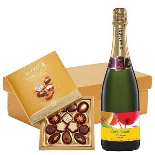 Personalised Champagne - Birthday Balloons Label And Lindt Swiss Chocolates Hamper